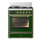 ILVE Majestic III 30-inch Dual Fuel Range with 5 Natural Gas Burner and Triple Glass Door Electric Oven in Emerald Green with Brass Trim (UM30NR3EGG)