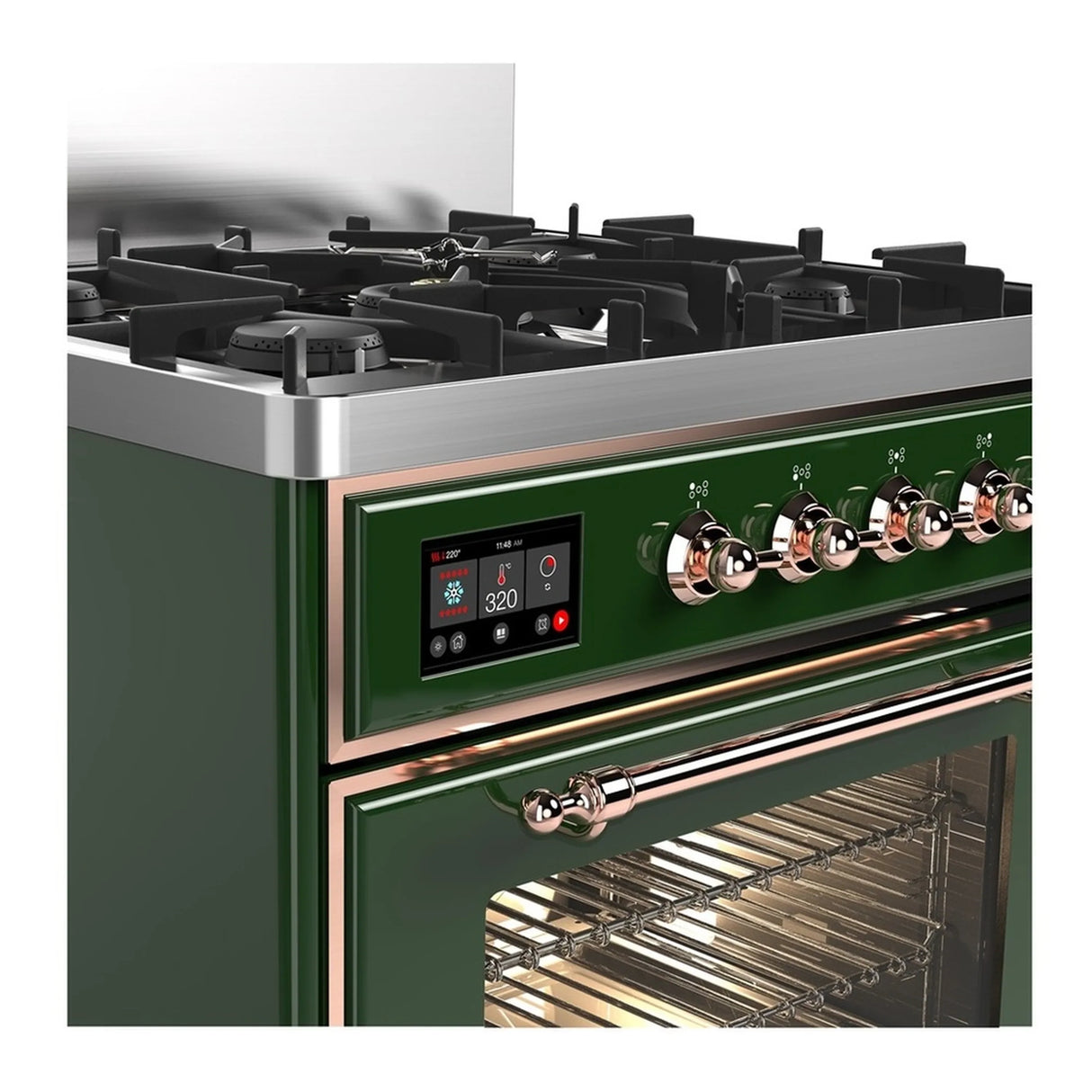 ILVE Majestic III 30-inch Dual Fuel Range with 5 Natural Gas Burner and Triple Glass Door Electric Oven in Emerald Green with Copper Trim (UM30NR3EGP)