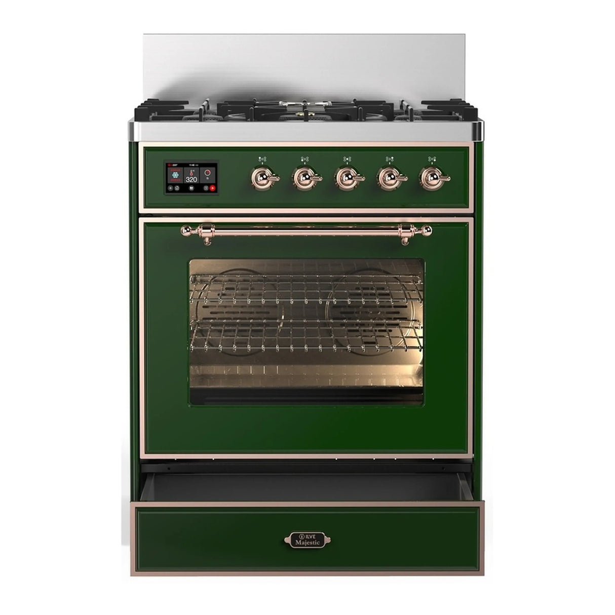 ILVE Majestic III 30-inch Dual Fuel Range with 5 Natural Gas Burner and Triple Glass Door Electric Oven in Emerald Green with Copper Trim (UM30NR3EGP)