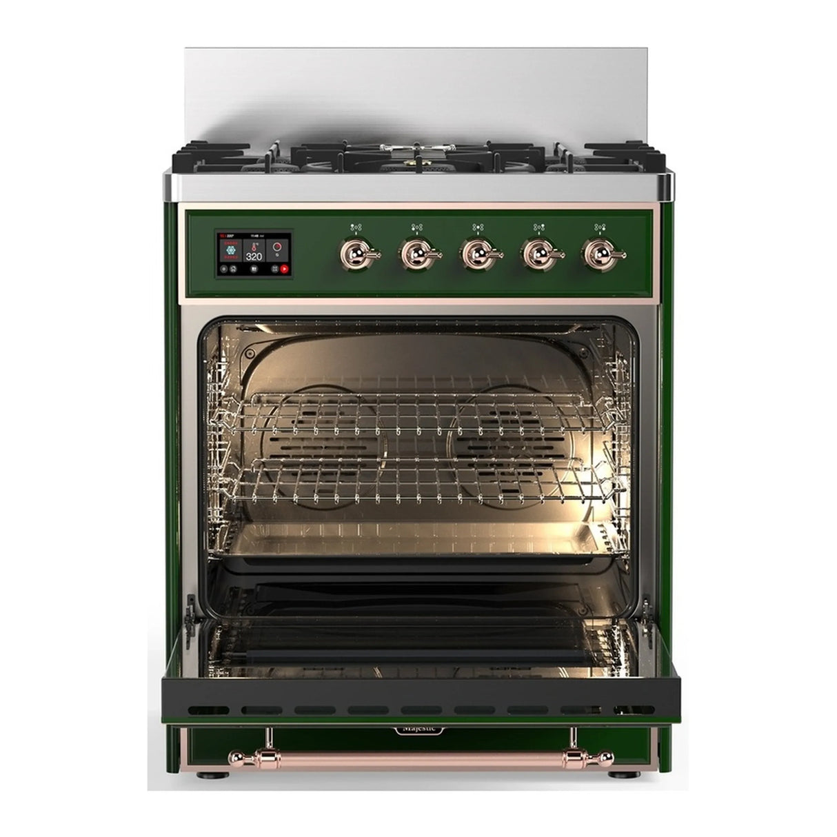 ILVE Majestic III 30-inch Dual Fuel Range with 5 Natural Gas Burner and Triple Glass Door Electric Oven in Emerald Green with Copper Trim (UM30NR3EGP)