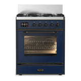 ILVE Majestic III 30-inch Dual Fuel Range with 5 Natural Gas Burner and Triple Glass Door Electric Oven in Midnight Blue with Burnished Trim (UM30NR3MBB)