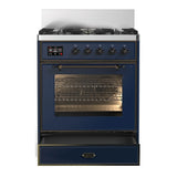 ILVE Majestic III 30-inch Dual Fuel Range with 5 Natural Gas Burner and Triple Glass Door Electric Oven in Midnight Blue with Burnished Trim (UM30NR3MBB)