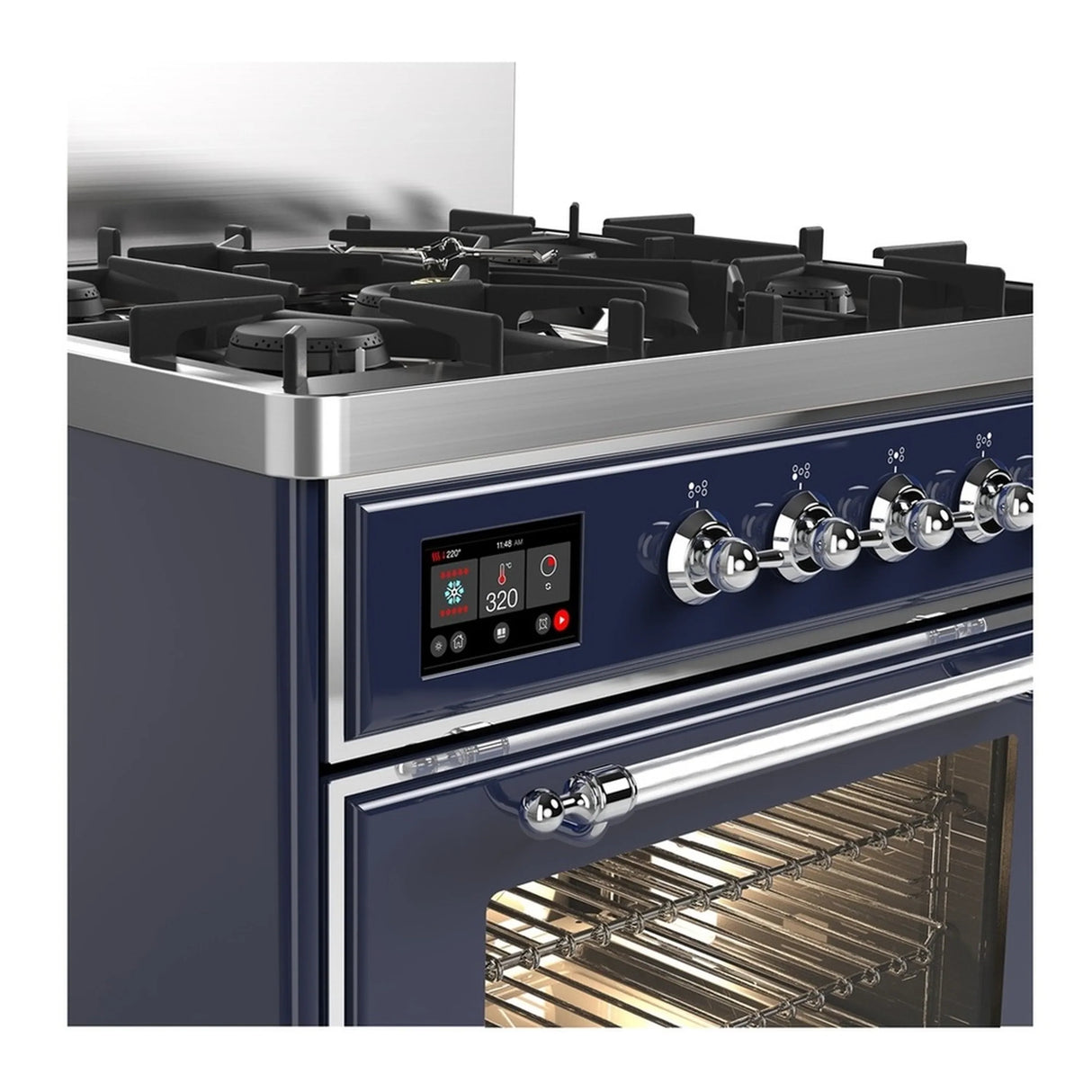 ILVE Majestic III 30-inch Dual Fuel Range with 5 Natural Gas Burner and Triple Glass Door Electric Oven in Midnight Blue with Chrome Trim (UM30NR3MBC)