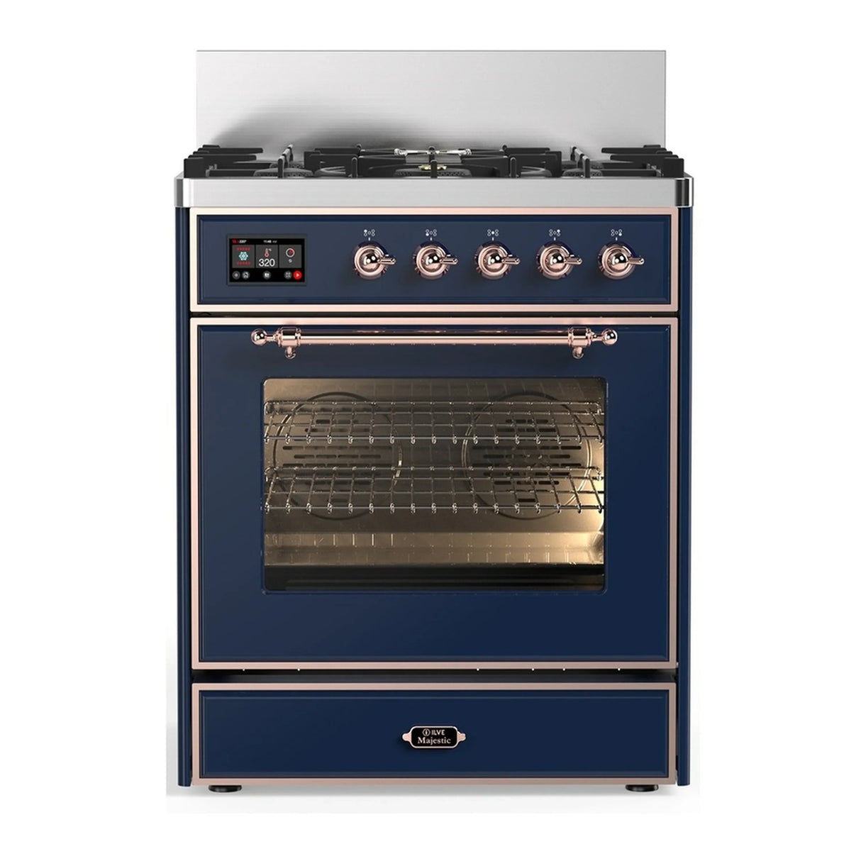 ILVE Majestic III 30-inch Dual Fuel Range with 5 Natural Gas Burner and Triple Glass Door Electric Oven in Midnight Blue with Copper Trim (UM30NR3MBP)