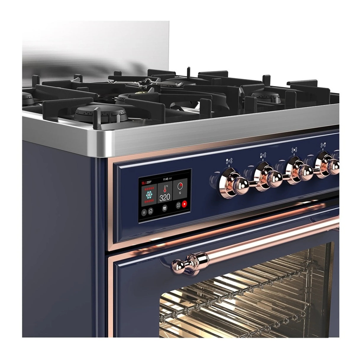 ILVE Majestic III 30-inch Dual Fuel Range with 5 Natural Gas Burner and Triple Glass Door Electric Oven in Midnight Blue with Copper Trim (UM30NR3MBP)