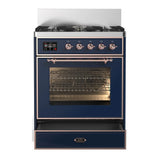 ILVE Majestic III 30-inch Dual Fuel Range with 5 Natural Gas Burner and Triple Glass Door Electric Oven in Midnight Blue with Copper Trim (UM30NR3MBP)
