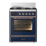 ILVE Majestic III 30-inch Dual Fuel Range with 5 Liquid Propane Burner and Triple Glass Door Electric Oven in Midnight Blue with Copper Trim (UM30NR3MBPLP)