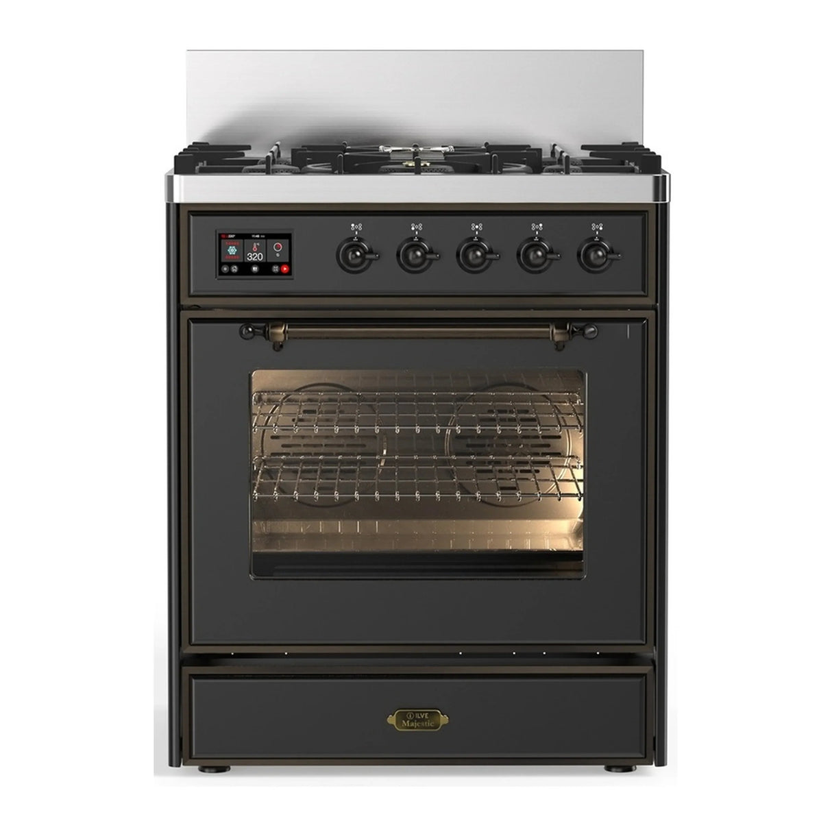 ILVE Majestic III 30-inch Dual Fuel Range with 5 Natural Gas Burner and Triple Glass Door Electric Oven in Graphite Matte with Burnished Trim (UM30NR3MGB)