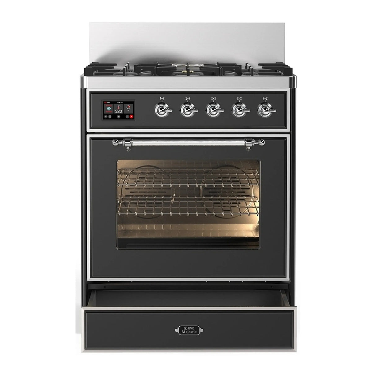 ILVE Majestic III 30-inch Dual Fuel Range with 5 Liquid Propane Burner and Triple Glass Door Electric Oven in Graphite Matte with Chrome Trim (UM30NR3MGCLP)