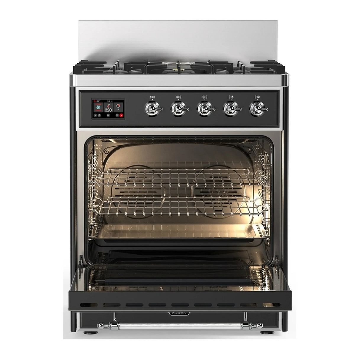 ILVE Majestic III 30-inch Dual Fuel Range with 5 Natural Gas Burner and Triple Glass Door Electric Oven in Graphite Matte with Chrome Trim (UM30NR3MGC)