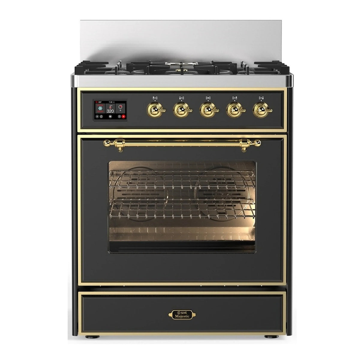 ILVE Majestic III 30-inch Dual Fuel Range with 5 Natural Gas Burner and Triple Glass Door Electric Oven in Graphite Matte with Brass Trim (UM30NR3MGG)