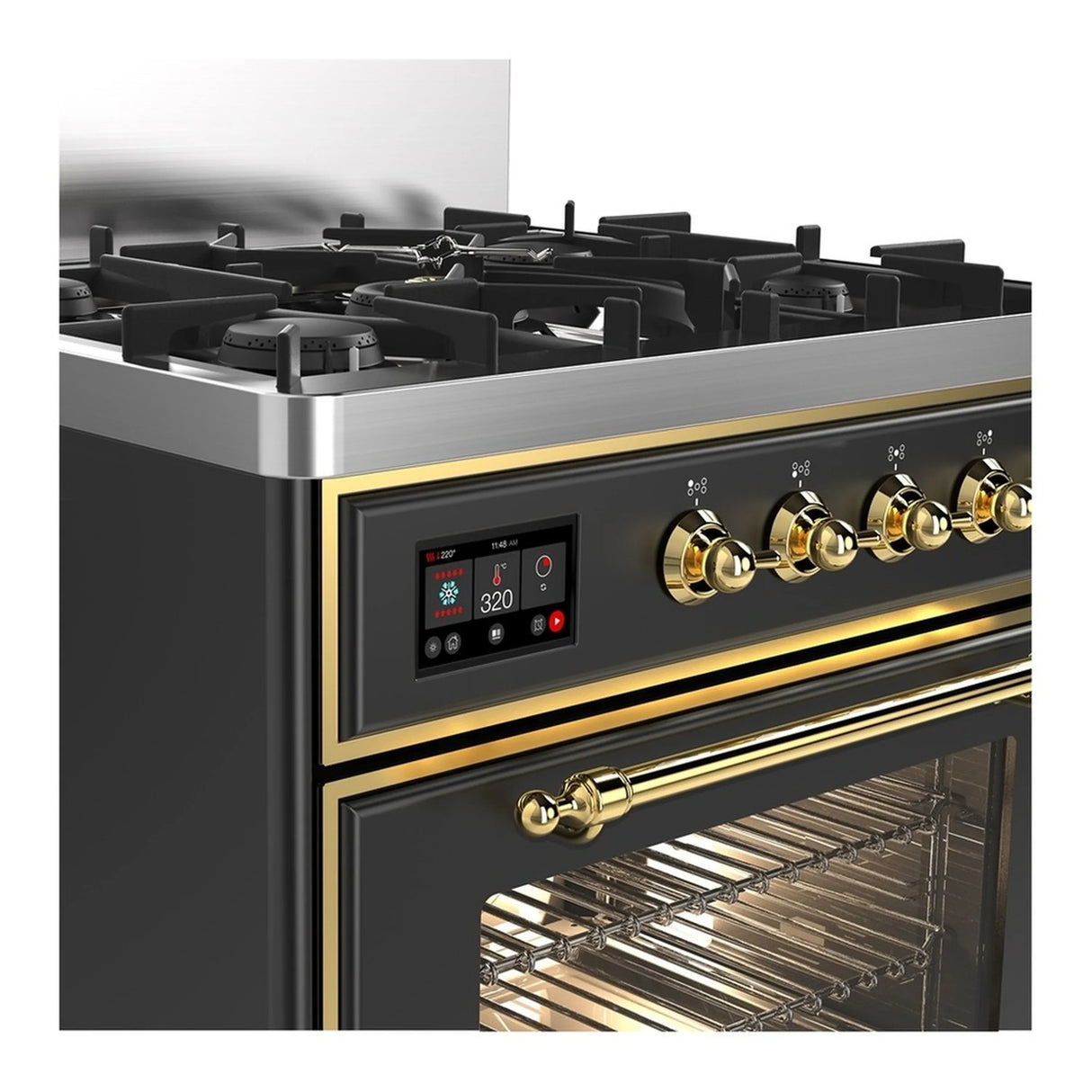 ILVE Majestic III 30-inch Dual Fuel Range with 5 Liquid Propane Burner and Triple Glass Door Electric Oven in Graphite Matte with Brass Trim (UM30NR3MGGLP)