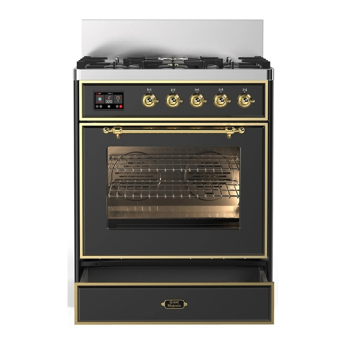ILVE Majestic III 30-inch Dual Fuel Range with 5 Natural Gas Burner and Triple Glass Door Electric Oven in Graphite Matte with Brass Trim (UM30NR3MGG)