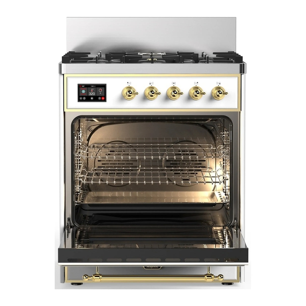 ILVE Majestic III 30-inch Dual Fuel Range with 5 Natural Gas Burner and Triple Glass Door Electric Oven in RAL with Brass Trim (UM30NR3RAG)