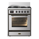 ILVE Majestic III 30-inch Dual Fuel Range with 5 Liquid Propane Burner and Triple Glass Door Electric Oven in Stainless Steel with Burnished Trim (UM30NR3SSBLP)