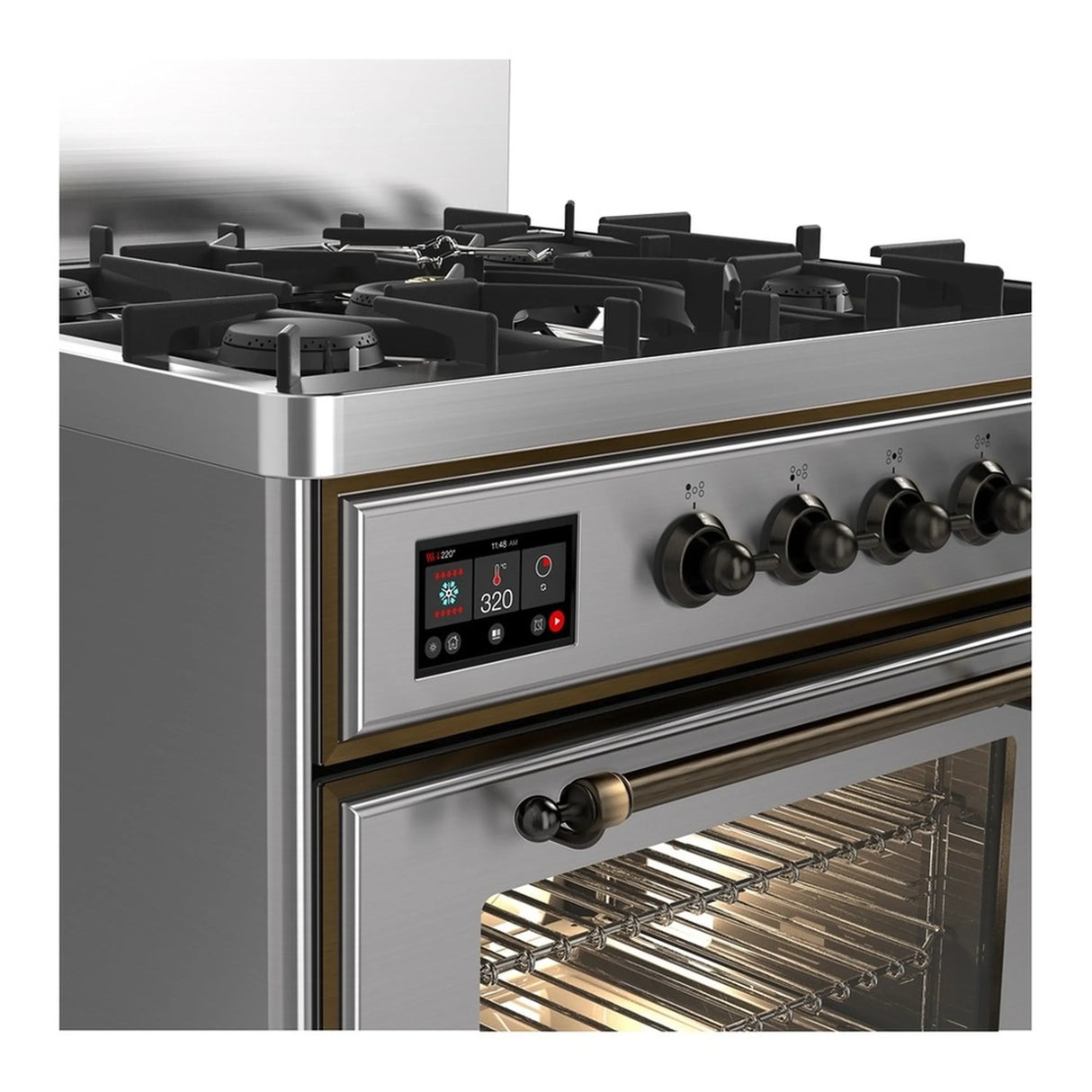 ILVE Majestic III 30-inch Dual Fuel Range with 5 Liquid Propane Burner and Triple Glass Door Electric Oven in Stainless Steel with Burnished Trim (UM30NR3SSBLP)