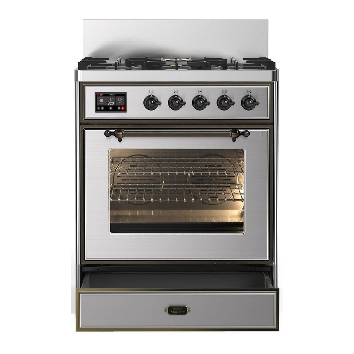 ILVE Majestic III 30-inch Dual Fuel Range with 5 Liquid Propane Burner and Triple Glass Door Electric Oven in Stainless Steel with Burnished Trim (UM30NR3SSBLP)