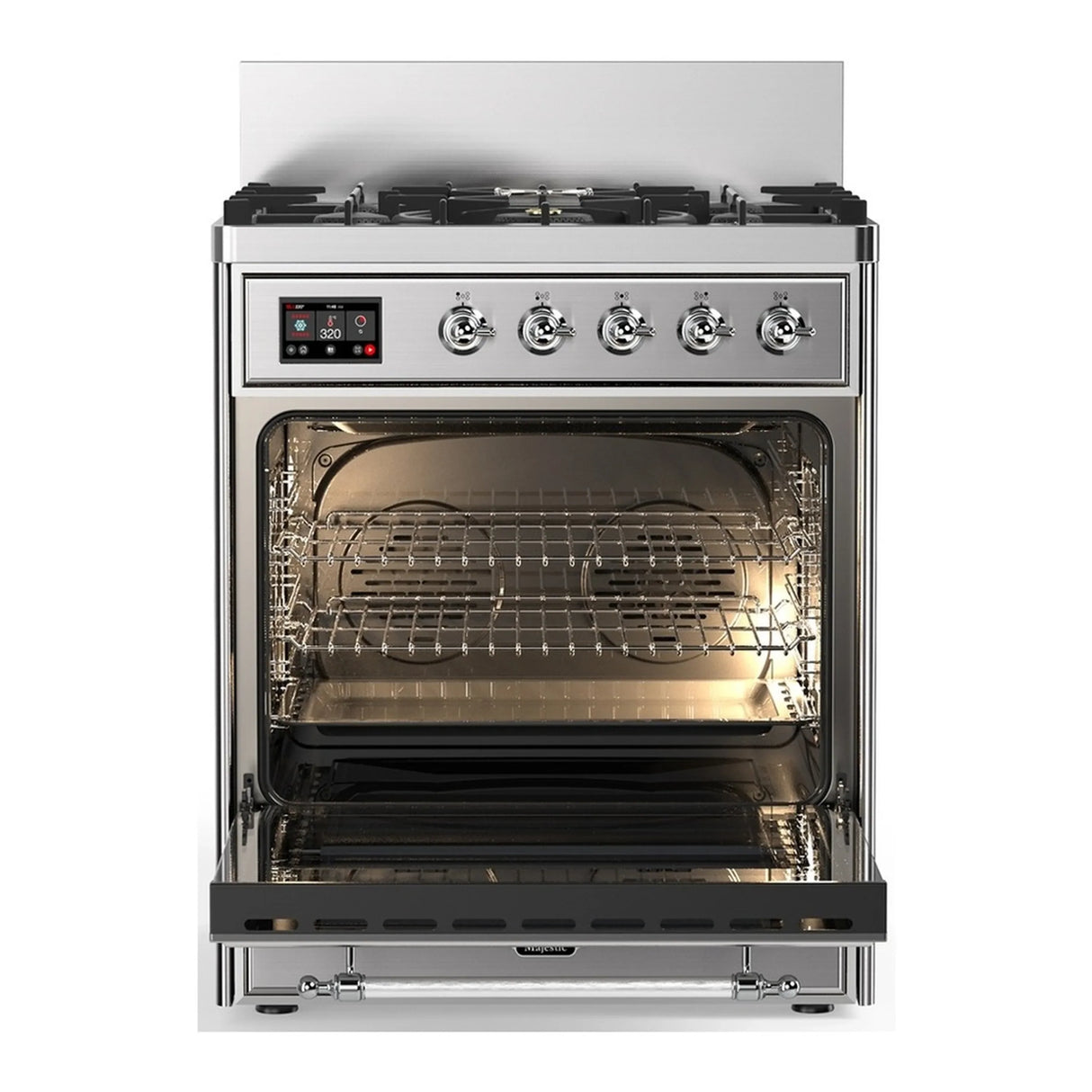 ILVE Majestic III 30-inch Dual Fuel Range with 5 Liquid Propane Burner and Triple Glass Door Electric Oven in Stainless Steel with Chrome Trim (UM30NR3SSCLP)