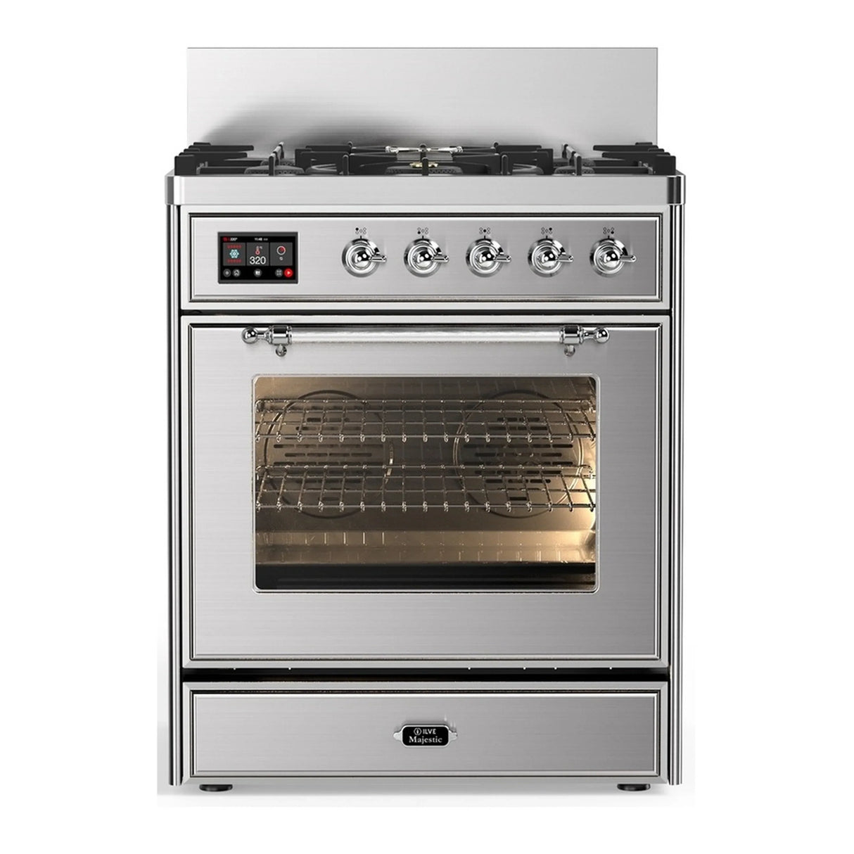 ILVE Majestic III 30-inch Dual Fuel Range with 5 Liquid Propane Burner and Triple Glass Door Electric Oven in Stainless Steel with Chrome Trim (UM30NR3SSCLP)