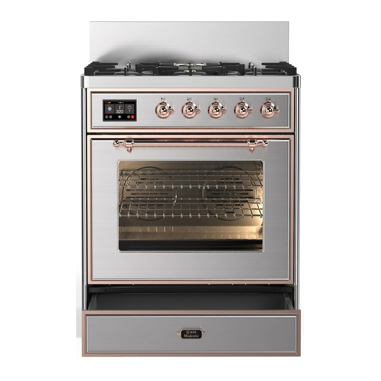 ILVE Majestic III 30-inch Dual Fuel Range with 5 Natural Gas Burner and Triple Glass Door Electric Oven in Stainless Steel with Copper Trim (UM30NR3SSP)