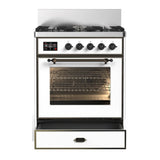 ILVE Majestic III 30-inch Dual Fuel Range with 5 Natural Gas Burner and Triple Glass Door Electric Oven in White with Burnished Trim (UM30NR3WHB)