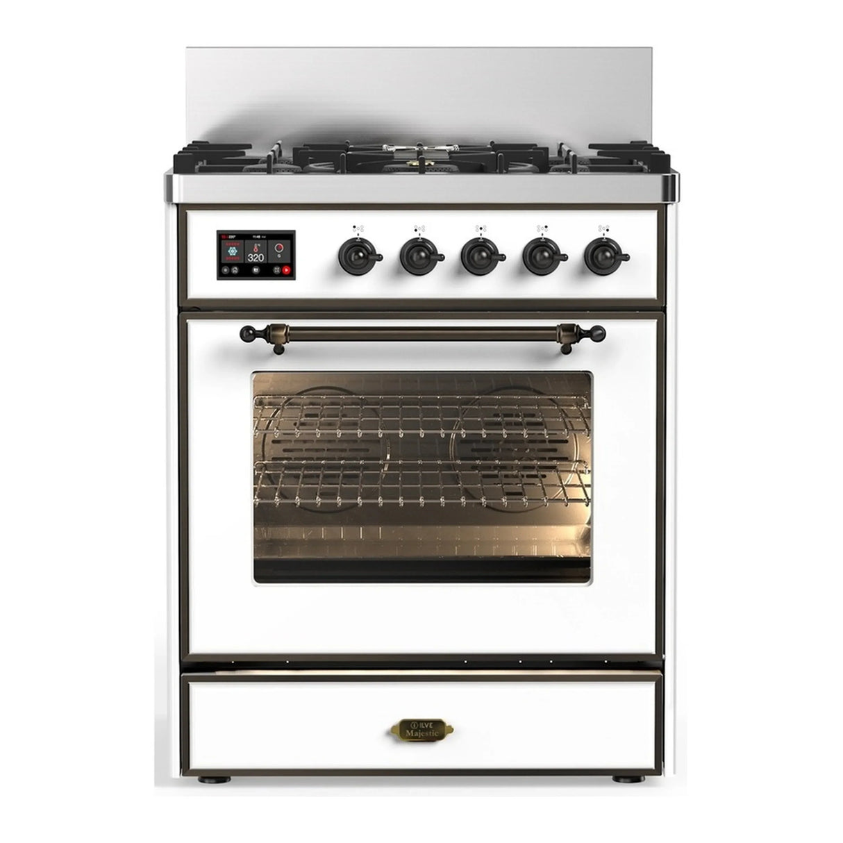 ILVE Majestic III 30-inch Dual Fuel Range with 5 Liquid Propane Burner and Triple Glass Door Electric Oven in White with Burnished Trim (UM30NR3WHBLP)