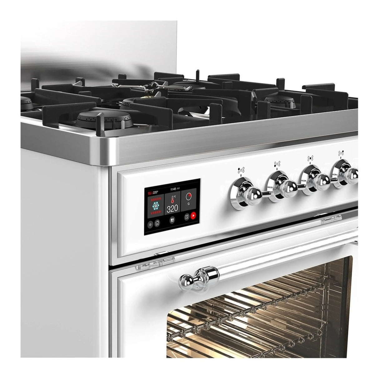 ILVE Majestic III 30-inch Dual Fuel Range with 5 Natural Gas Burner and Triple Glass Door Electric Oven in White with Chrome Trim (UM30NR3WHC)