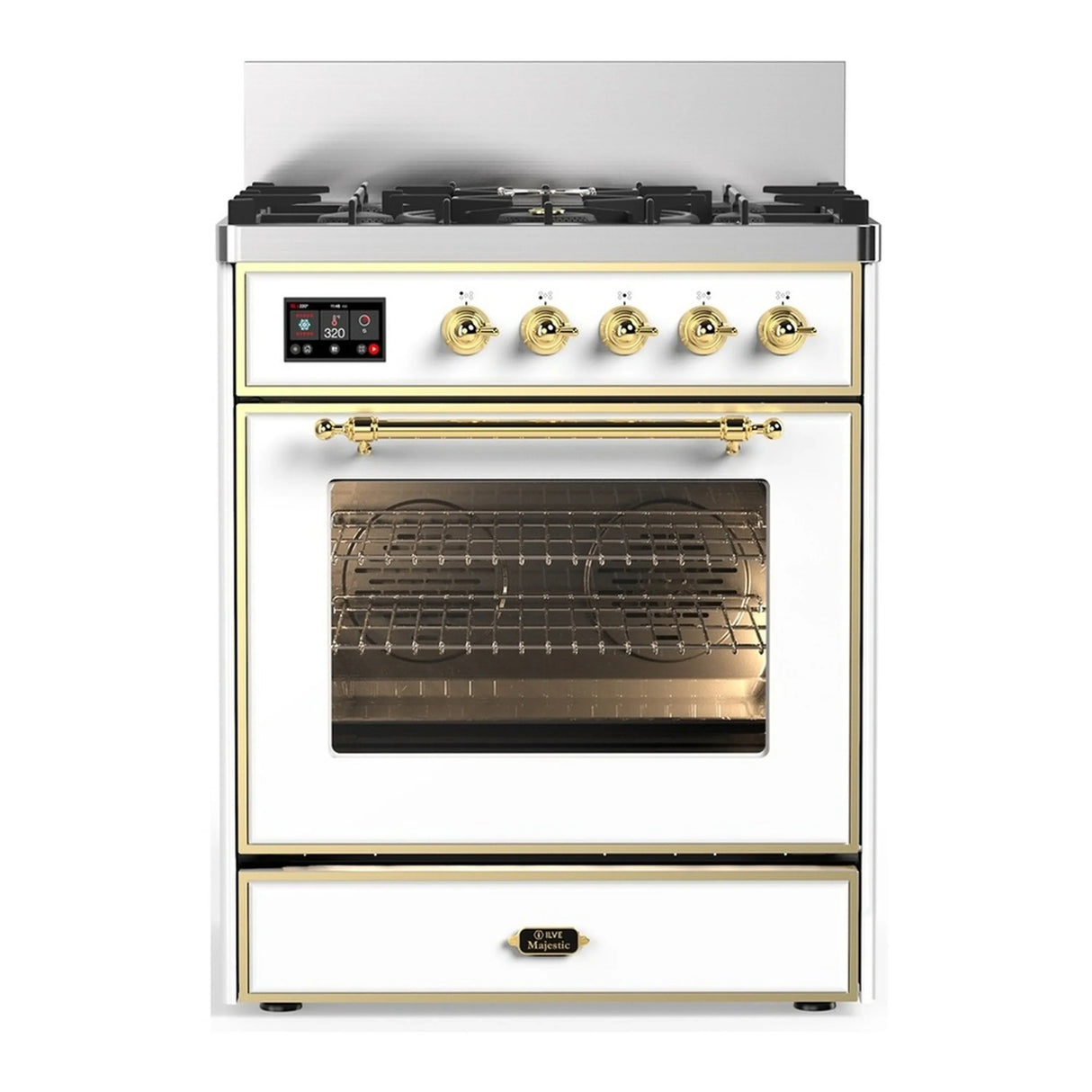ILVE Majestic III 30-inch Dual Fuel Range with 5 Natural Gas Burner and Triple Glass Door Electric Oven in White with Brass Trim (UM30NR3WHG)