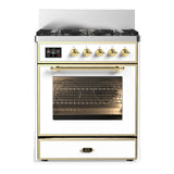 ILVE Majestic III 30-inch Dual Fuel Range with 5 Natural Gas Burner and Triple Glass Door Electric Oven in White with Brass Trim (UM30NR3WHG)