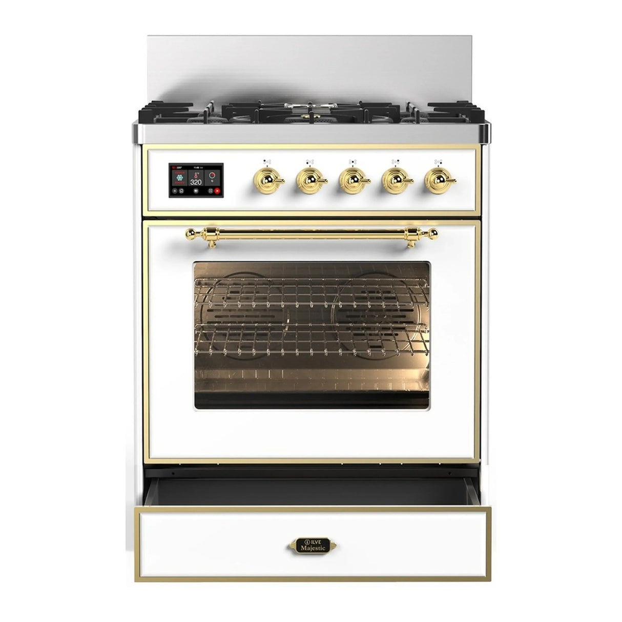 ILVE Majestic III 30-inch Dual Fuel Range with 5 Natural Gas Burner and Triple Glass Door Electric Oven in White with Brass Trim (UM30NR3WHG)