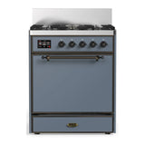 ILVE Majestic III 30-inch Dual Fuel Range with 5 Natural Gas Burner and Solid Door Electric Oven in Blue Grey with Burnished Trim (UM30QNR3BGB)