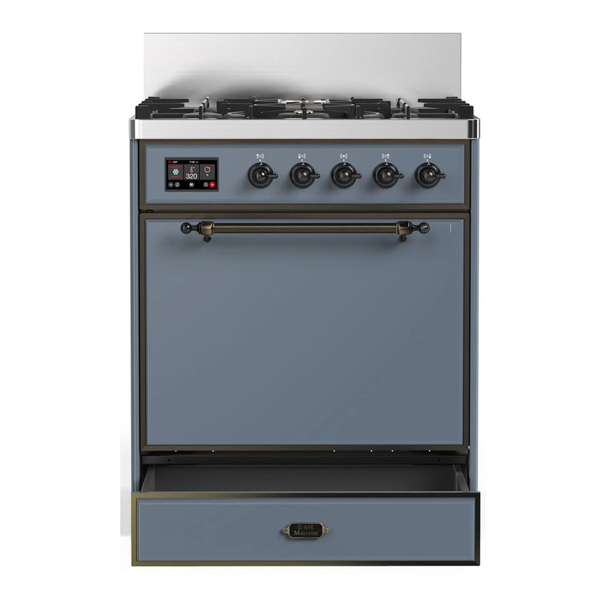 ILVE Majestic III 30-inch Dual Fuel Range with 5 Natural Gas Burner and Solid Door Electric Oven in Blue Grey with Burnished Trim (UM30QNR3BGB)