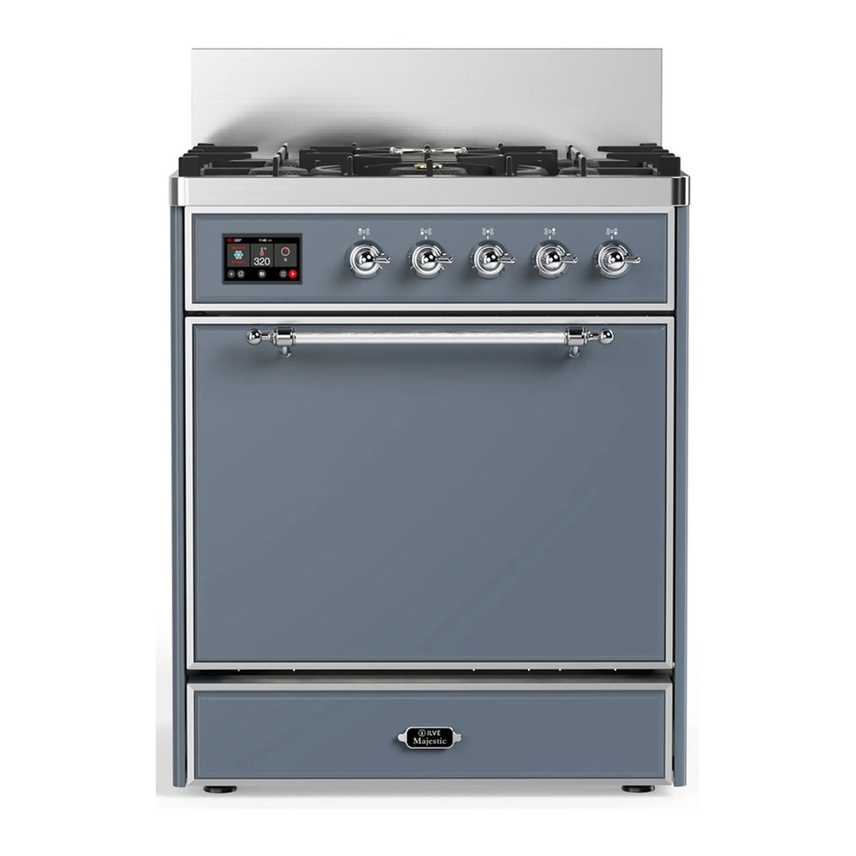 ILVE Majestic III 30-inch Dual Fuel Range with 5 Liquid Propane Burner and Solid Door Electric Oven in Blue Grey with Chrome Trim (UM30QNR3BGCLP)