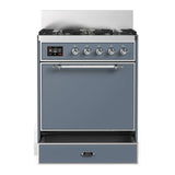 ILVE Majestic III 30-inch Dual Fuel Range with 5 Liquid Propane Burner and Solid Door Electric Oven in Blue Grey with Chrome Trim (UM30QNR3BGCLP)