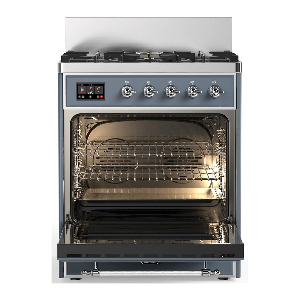 ILVE Majestic III 30-inch Dual Fuel Range with 5 Natural Gas Burner and Solid Door Electric Oven in Blue Grey with Chrome Trim (UM30QNR3BGC)