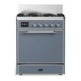 ILVE Majestic III 30-inch Dual Fuel Range with 5 Natural Gas Burner and Solid Door Electric Oven in Blue Grey with Chrome Trim (UM30QNR3BGC)