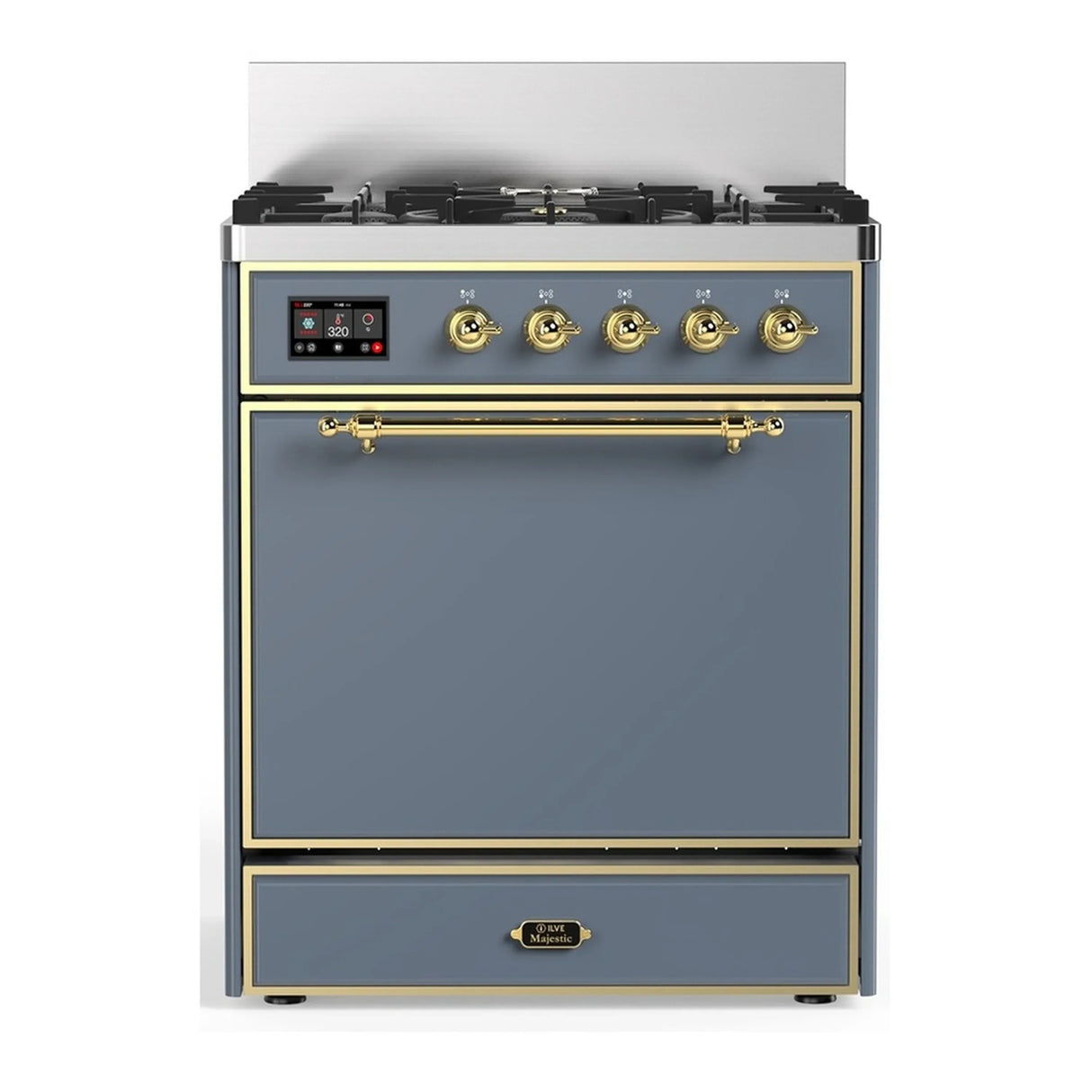 ILVE Majestic III 30-inch Dual Fuel Range with 5 Natural Gas Burner and Solid Door Electric Oven in Blue Grey with Brass Trim (UM30QNR3BGG)