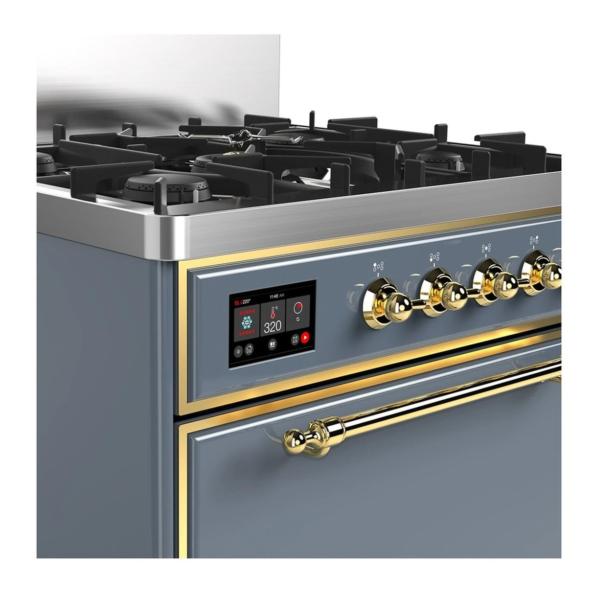 ILVE Majestic III 30-inch Dual Fuel Range with 5 Natural Gas Burner and Solid Door Electric Oven in Blue Grey with Brass Trim (UM30QNR3BGG)