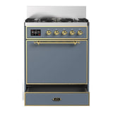 ILVE Majestic III 30-inch Dual Fuel Range with 5 Natural Gas Burner and Solid Door Electric Oven in Blue Grey with Brass Trim (UM30QNR3BGG)