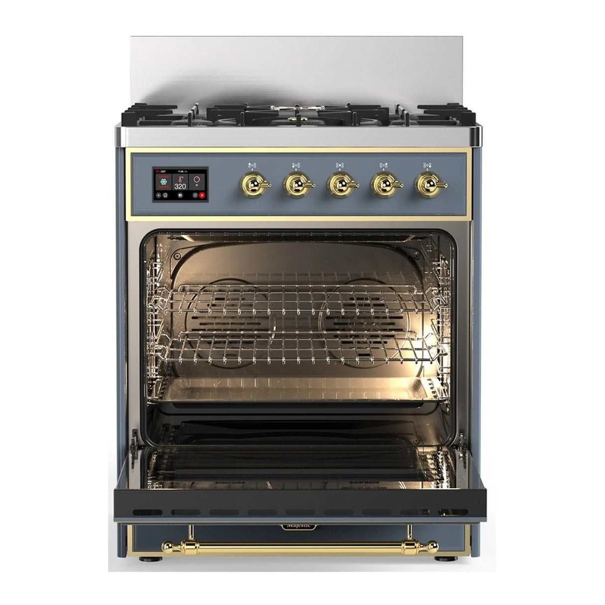ILVE Majestic III 30-inch Dual Fuel Range with 5 Natural Gas Burner and Solid Door Electric Oven in Blue Grey with Brass Trim (UM30QNR3BGG)