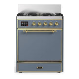 ILVE Majestic III 30-inch Dual Fuel Range with 5 Liquid Propane Burner and Solid Door Electric Oven in Blue Grey with Brass Trim (UM30QNR3BGGLP)