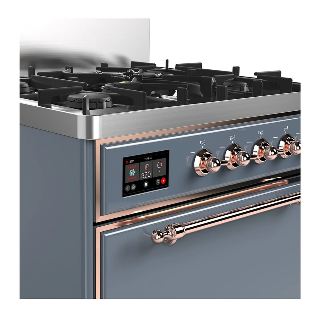 ILVE Majestic III 30-inch Dual Fuel Range with 5 Natural Gas Burner and Solid Door Electric Oven in Blue Grey with Copper Trim (UM30QNR3BGP)