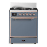 ILVE Majestic III 30-inch Dual Fuel Range with 5 Natural Gas Burner and Solid Door Electric Oven in Blue Grey with Copper Trim (UM30QNR3BGP)
