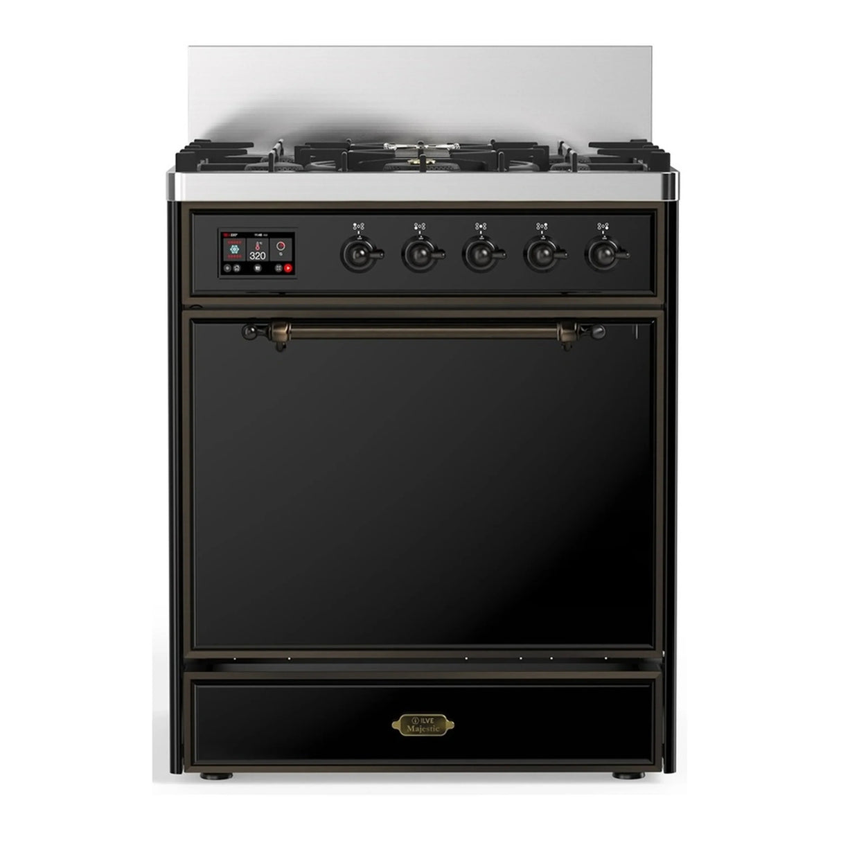 ILVE Majestic III 30-inch Dual Fuel Range with 5 Natural Gas Burner and Solid Door Electric Oven in Glossy Black with Burnished Trim (UM30QNR3BKB)