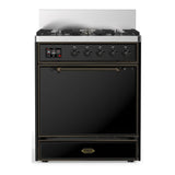ILVE Majestic III 30-inch Dual Fuel Range with 5 Natural Gas Burner and Solid Door Electric Oven in Glossy Black with Burnished Trim (UM30QNR3BKB)