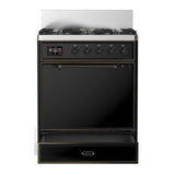 ILVE Majestic III 30-inch Dual Fuel Range with 5 Natural Gas Burner and Solid Door Electric Oven in Glossy Black with Burnished Trim (UM30QNR3BKB)