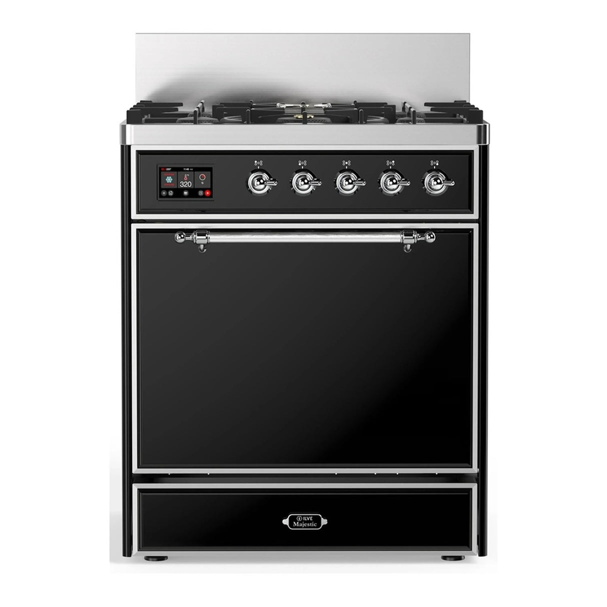 ILVE Majestic III 30-inch Dual Fuel Range with 5 Natural Gas Burner and Solid Door Electric Oven in Glossy Black with Chrome Trim (UM30QNR3BKC)