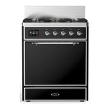 ILVE Majestic III 30-inch Dual Fuel Range with 5 Natural Gas Burner and Solid Door Electric Oven in Glossy Black with Chrome Trim (UM30QNR3BKC)