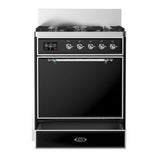 ILVE Majestic III 30-inch Dual Fuel Range with 5 Natural Gas Burner and Solid Door Electric Oven in Glossy Black with Chrome Trim (UM30QNR3BKC)