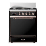 ILVE Majestic III 30-inch Dual Fuel Range with 5 Liquid Propane Burner and Solid Door Electric Oven in Glossy Black with Copper Trim (UM30QNR3BKPLP)